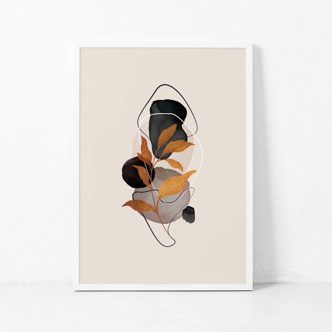 Abstract Botanical Black Beige Gold Leaf Minimalist Art Print