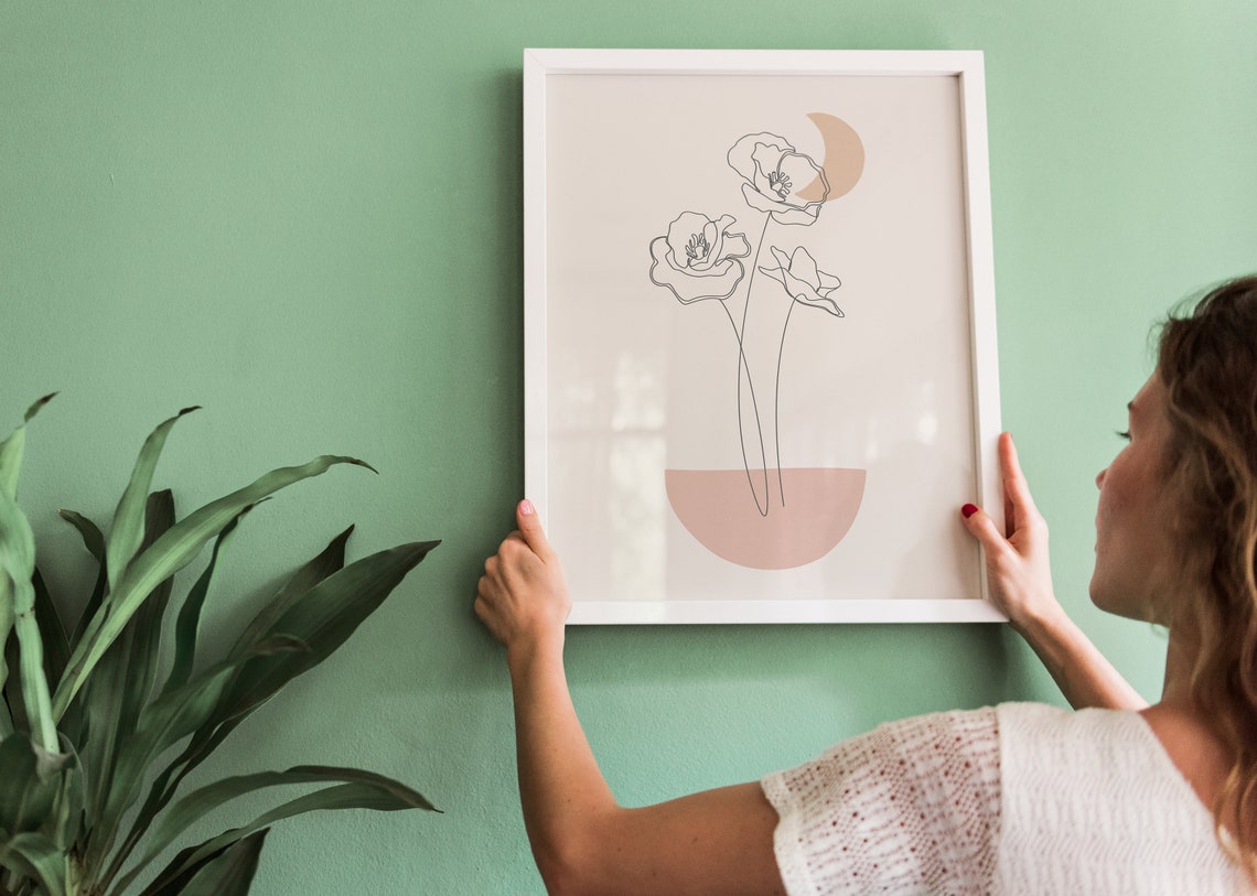 Crescent Moon Flowers Line Art Botanical Terracotta Minimalist Print - Image 2