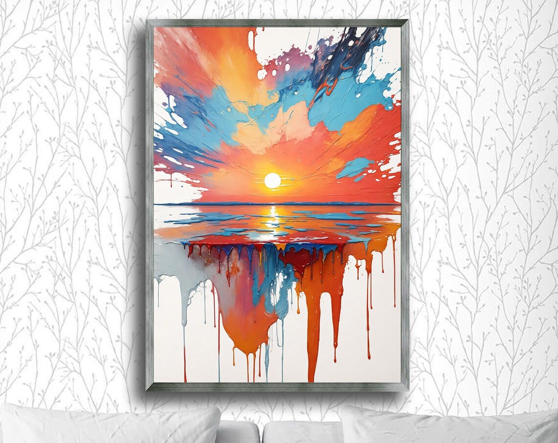 Sunset Cascade Dripping Paint Art Print, Modern Decor