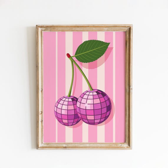Disco Cherry Poster Retro Pink Striped Wall Art