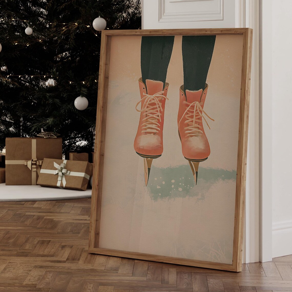 Coral Ice Skates Hanging Winter Sports Retro Christmas Art Print