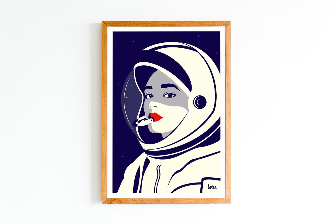 Retro Woman Astronaut Red Lipstick Minimalist Space Art Print