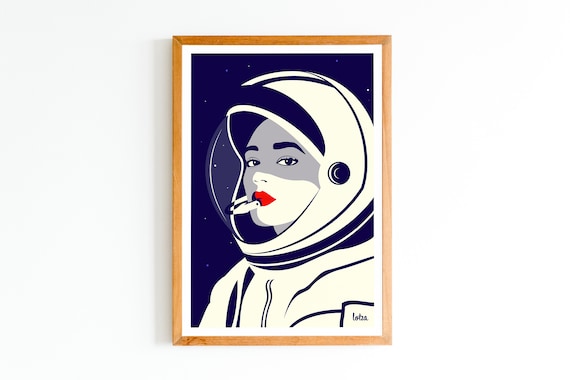 Retro Woman Astronaut Red Lipstick Minimalist Space Art Print