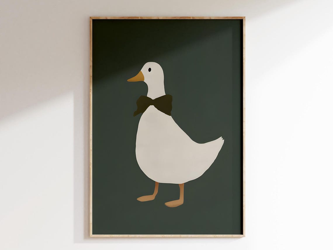 Dapper White Duck With a Bow Tie on Dark Green Nursery Poster