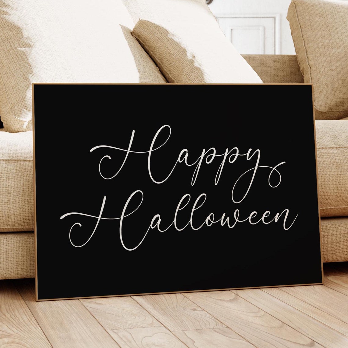 Happy Halloween Script Sign Poster Black and White Fall Decor - Image 4
