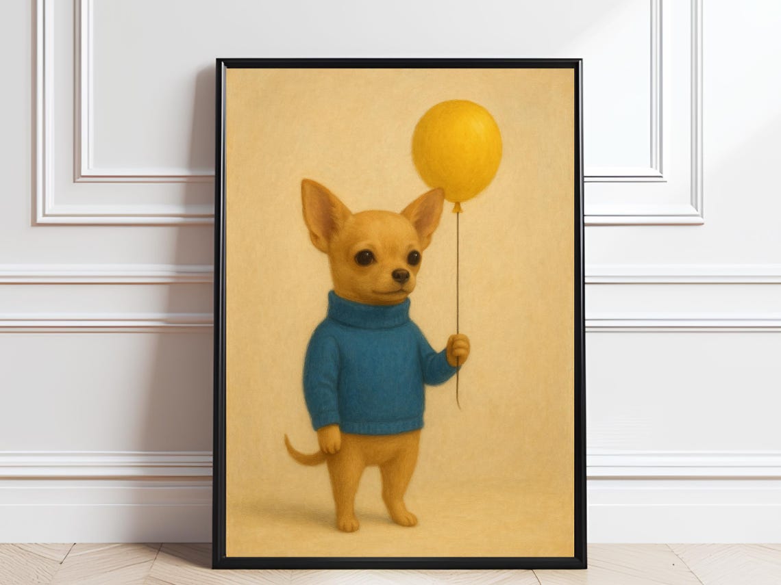 Chihuahua in Blue Sweater Holding Yellow Balloon Whimsical Dog Poster