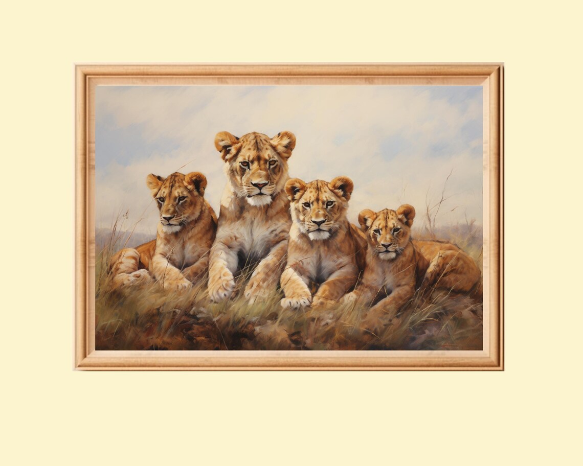 Mother Lion And Cubs Portrait, Wildlife Art Print