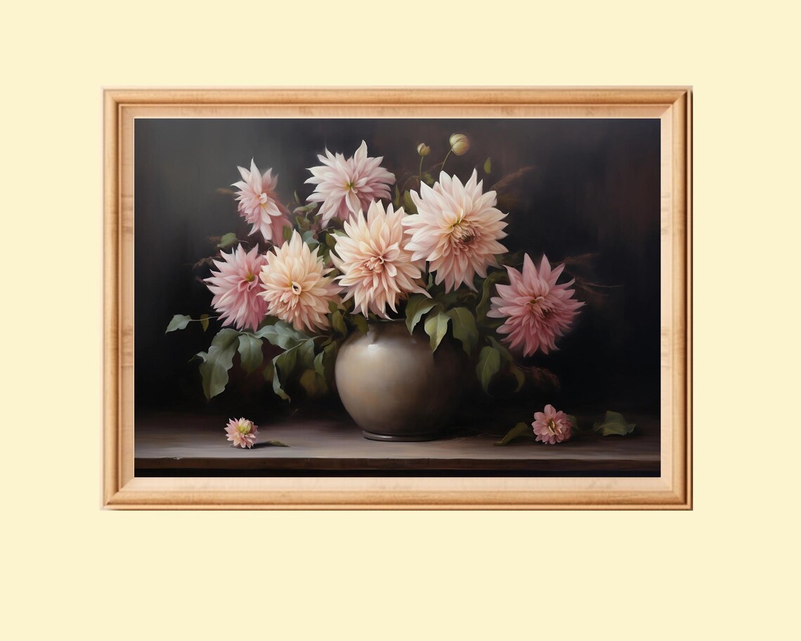 Vintage Bouquet Of Dahlias In Vase, Rustic Still Life Art
