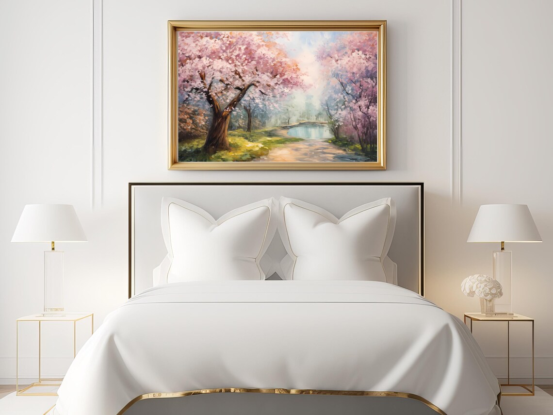 Blooming Cherry Trees in Garden, Impressionist Landscape - Image 2