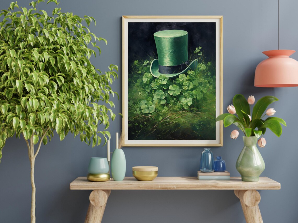 St Patricks Day Leprechaun Hat, Rustic Clover Art Print - Image 2