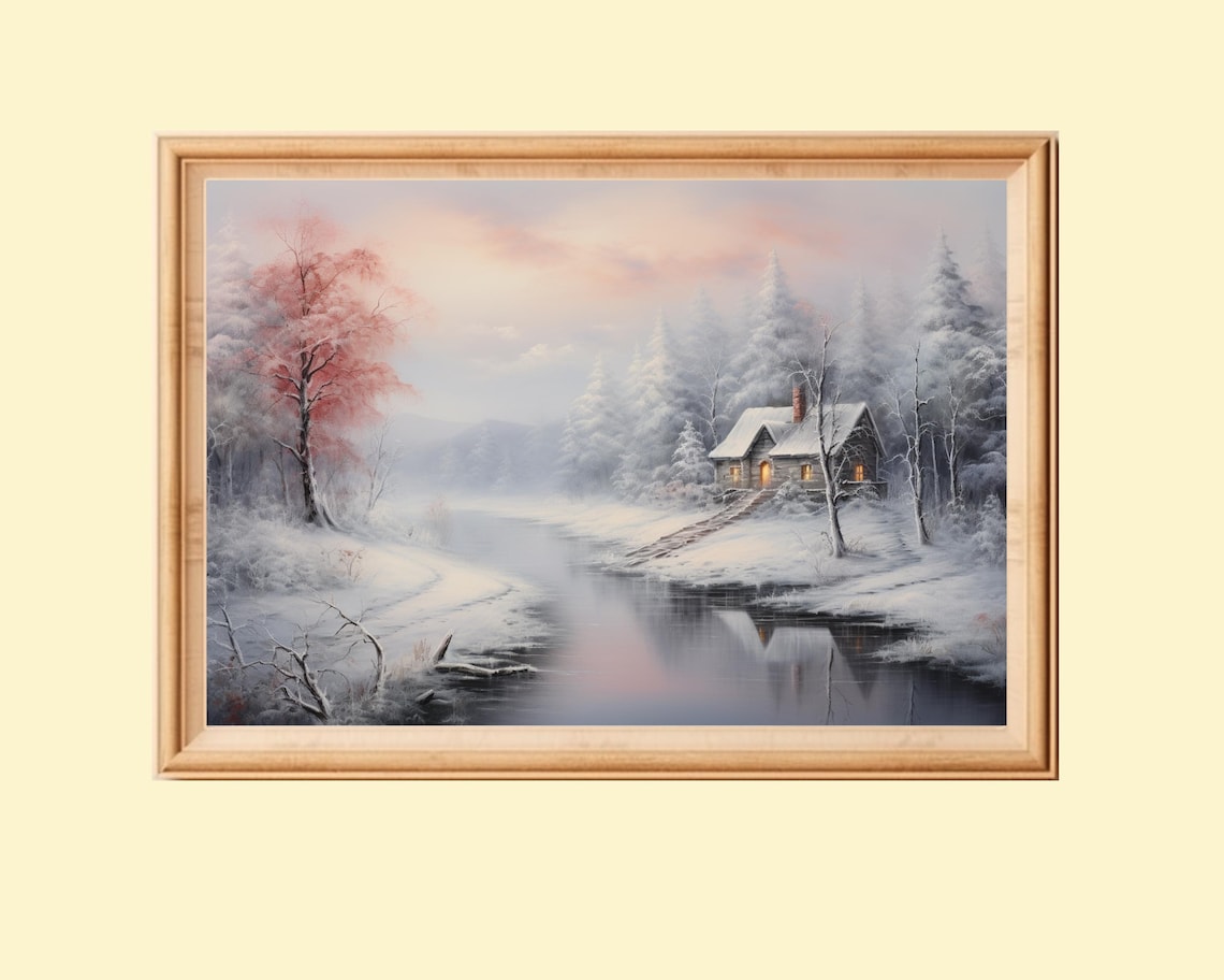 Rustic Winter Landscape, Cozy Cabin By The River Art