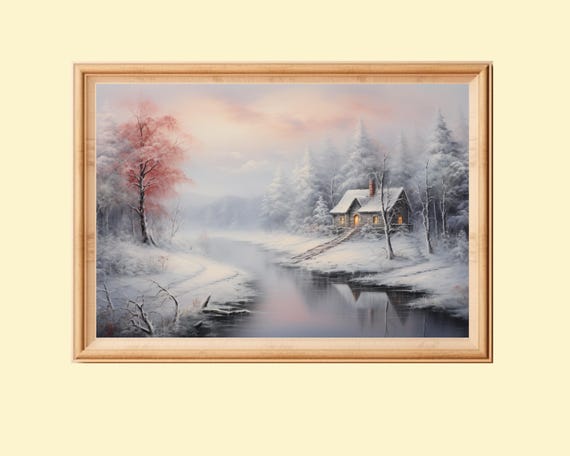 Rustic Winter Landscape, Cozy Cabin By The River Art