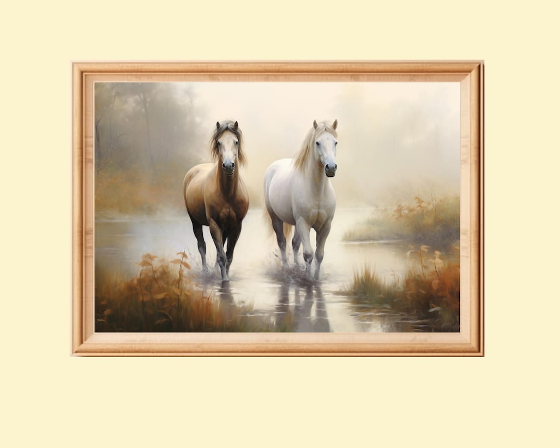 Vintage Oil Painting Of Two Horses, Foggy Morning