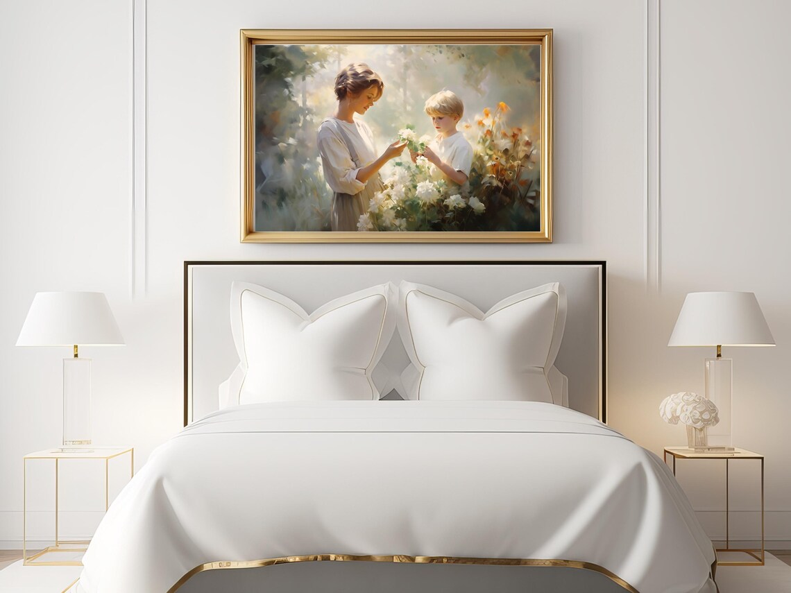 Mother And Child Picking Flowers Impressionist Garden Poster - Image 2