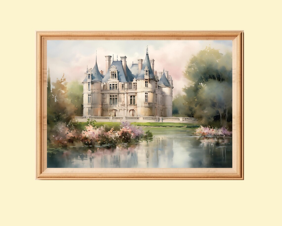 Vintage French Castle Painting, European Architecture