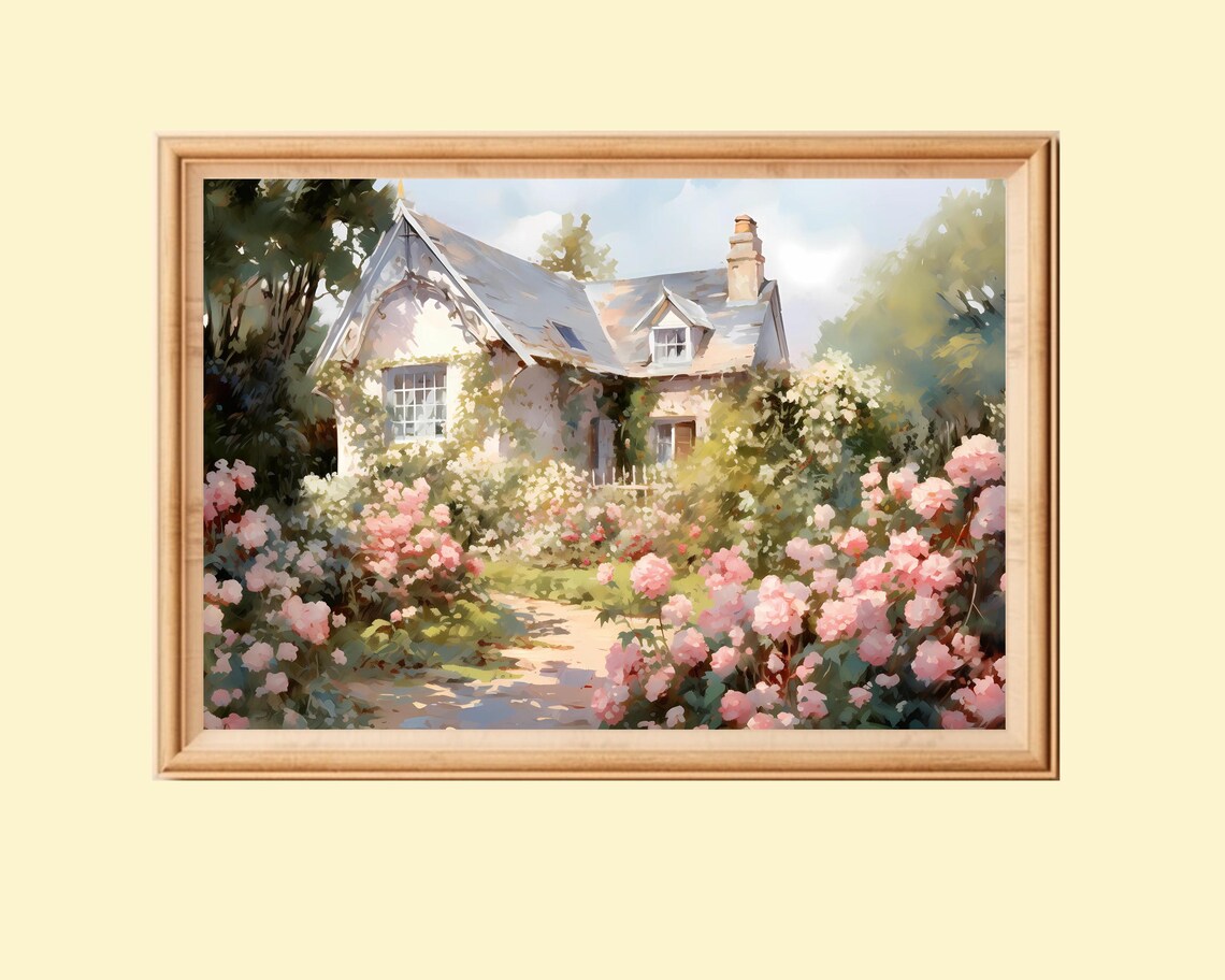Pink Rose Garden Art Print, Cottagecore Landscape