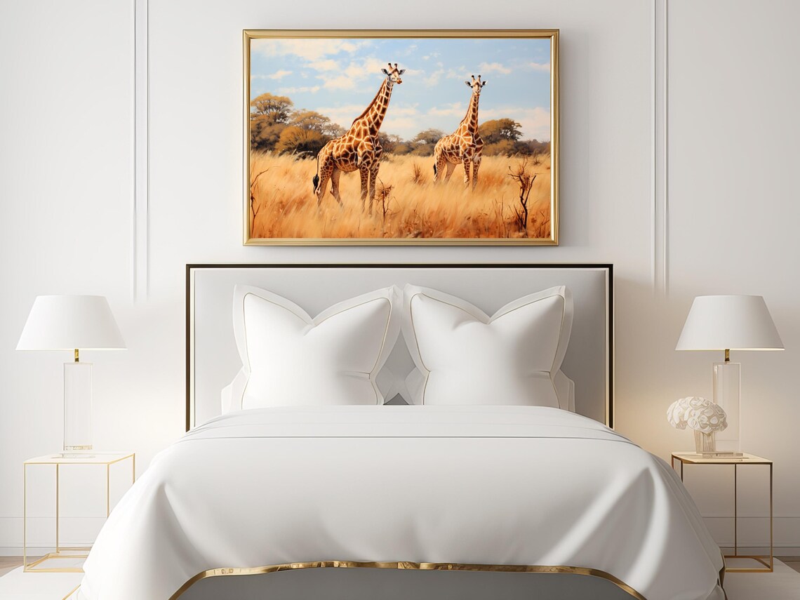 Giraffes In The Savannah, African Landscape Art Print - Image 2
