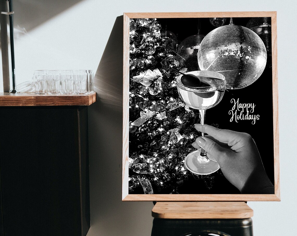 Happy Holidays Black and White Martini Disco Ball Party Poster - Image 3