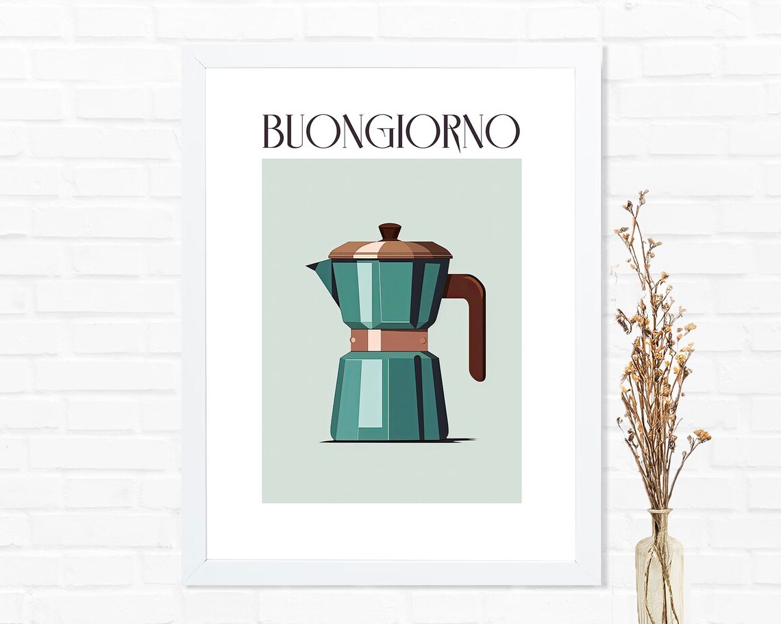 Buongiorno Teal Moka Pot Italian Coffee Maker Kitchen Wall Poster - Image 3