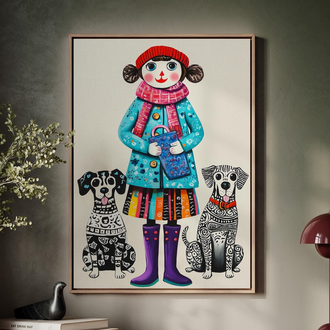 Whimsical Girl With Two Dalmatian Dogs Colorful Folk Art Kids Poster