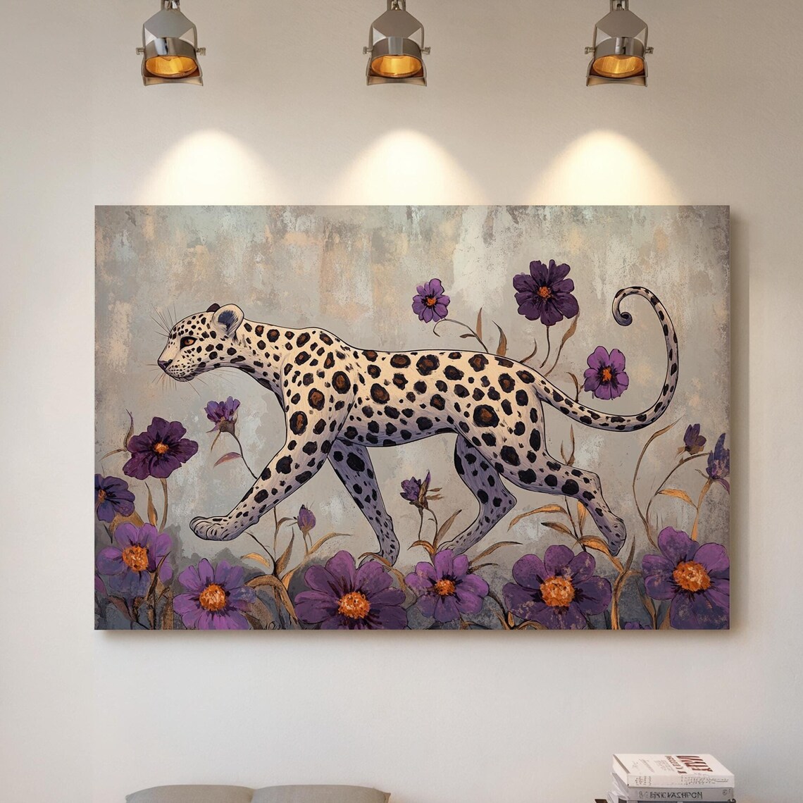 Black And White Leopard Walking Purple Flowers Wildflower Wildlife Poster
