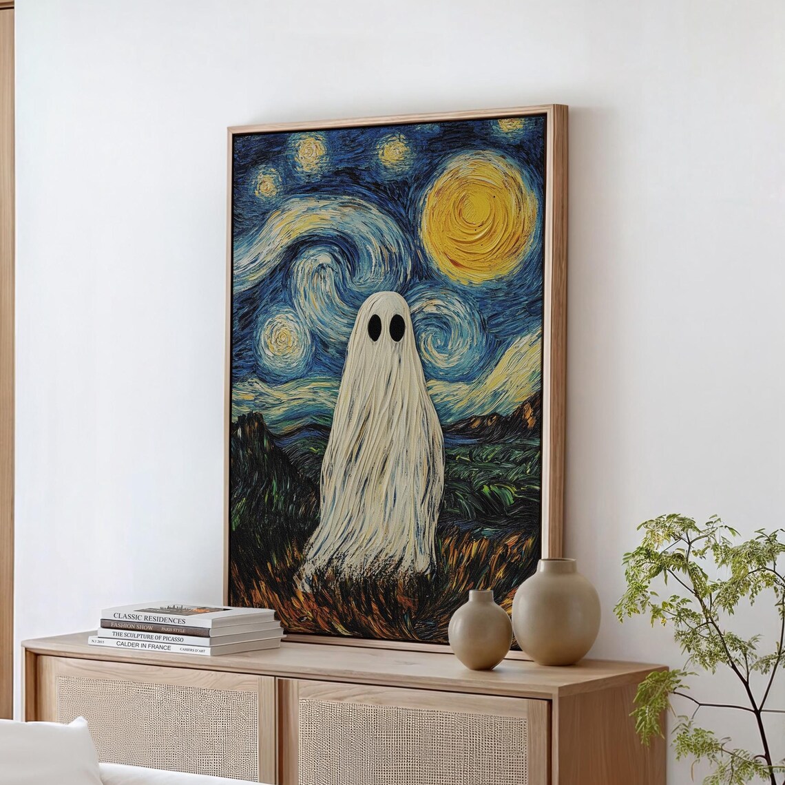 Ghost in Starry Night Sky Van Gogh Inspired Spooky Halloween Wall Poster