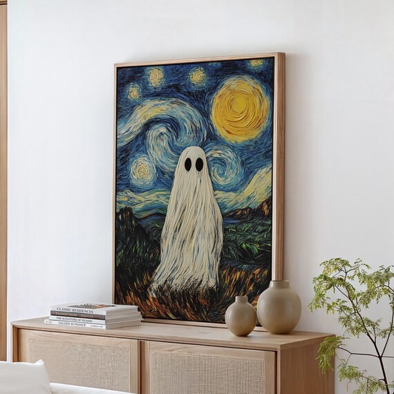 Ghost in Starry Night Sky Van Gogh Inspired Spooky Halloween Wall Poster
