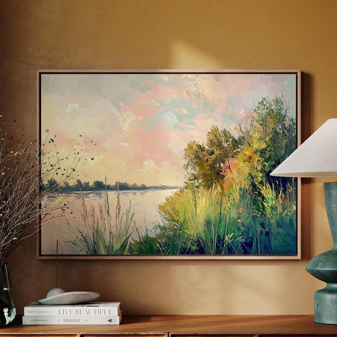 Impressionist River Sunset Painting Tranquil Landscape Wall Art Print With Pastel Skies And Lush Greenery