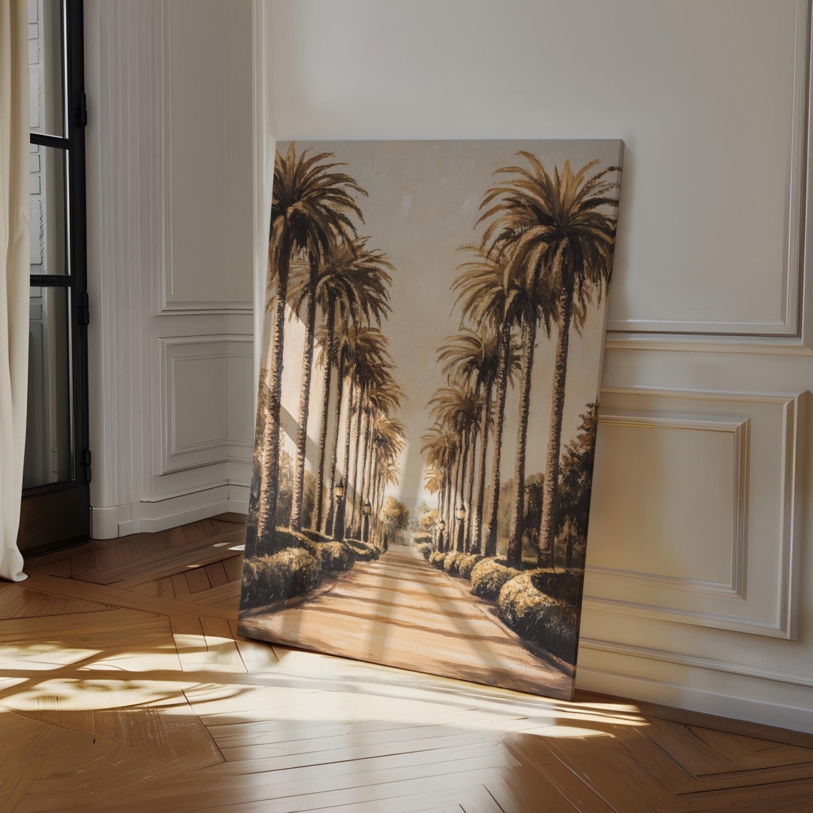 Vintage Sepia Palm Tree Avenue Sunlit Path Nostalgic Wall Poster
