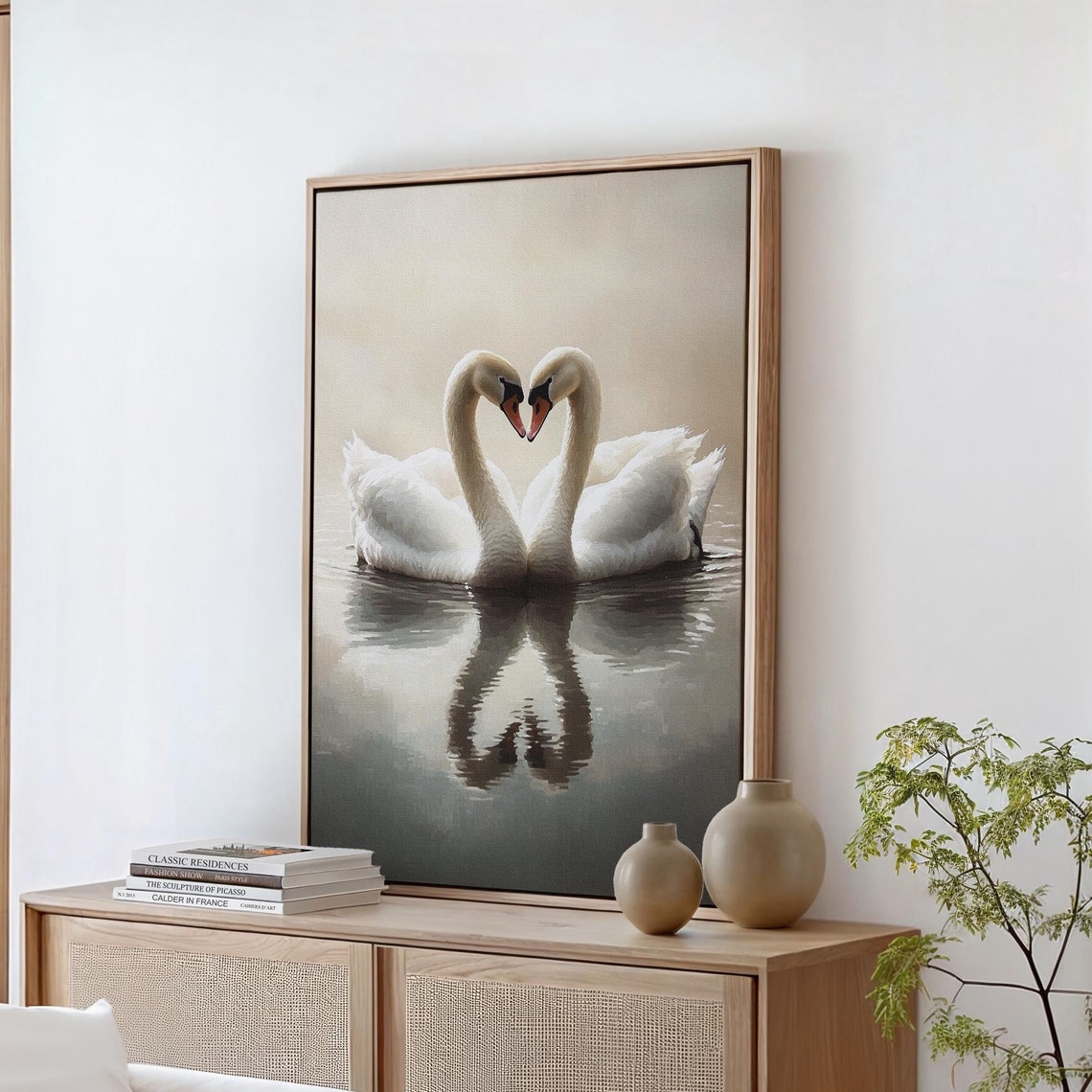 Two White Swans Heart Shape Calm Water Reflection Romantic Art Print