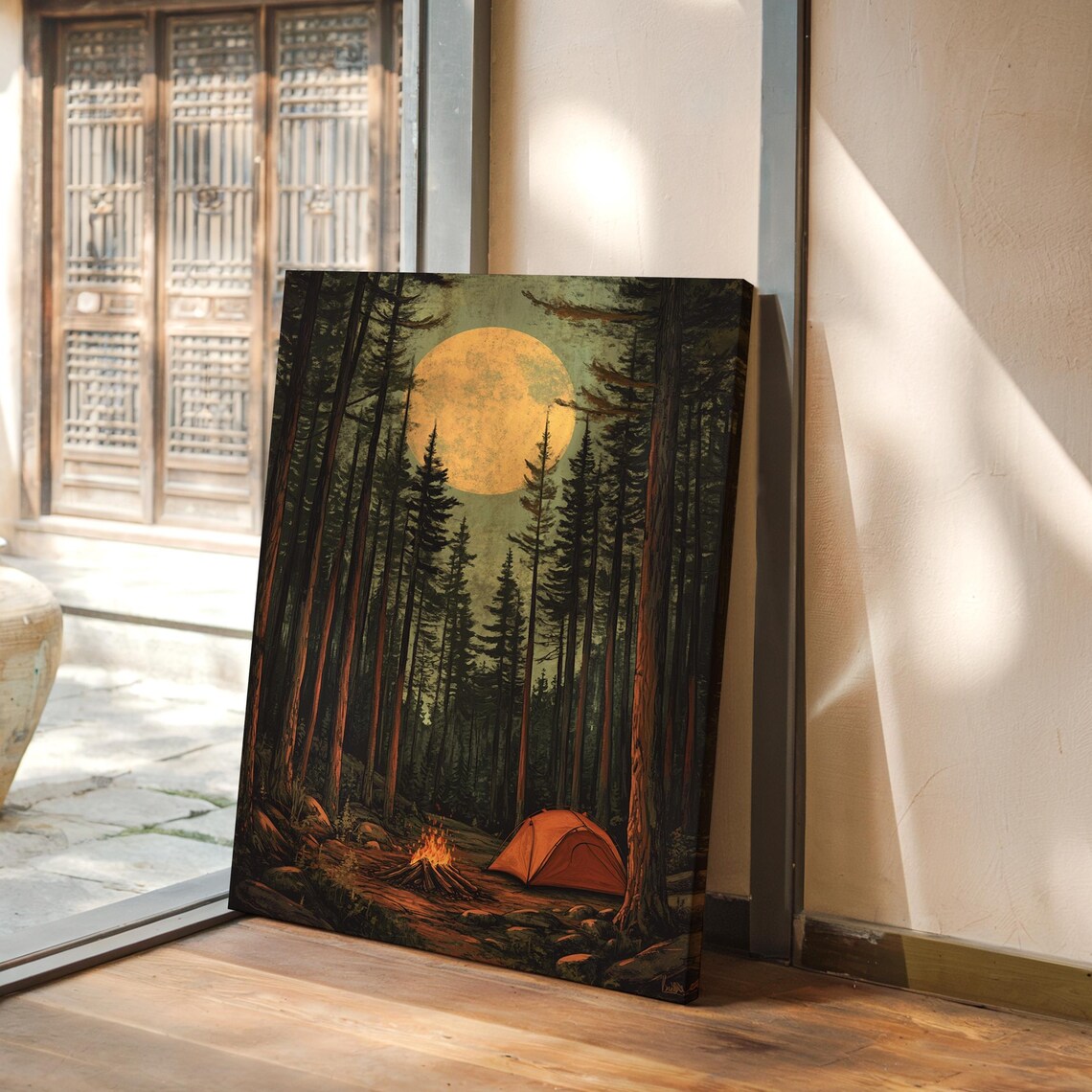 Full Moon Camping, Rustic Night Forest Adventure Art