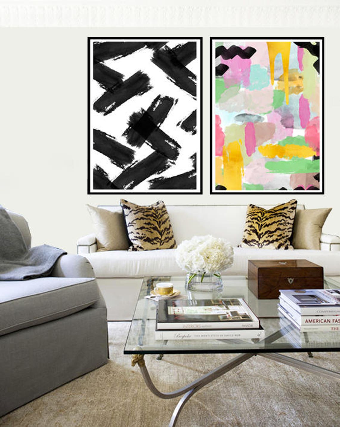 Colorful Abstract Brushstroke Pastel Yellow Pink Green Black Art Print - Image 3