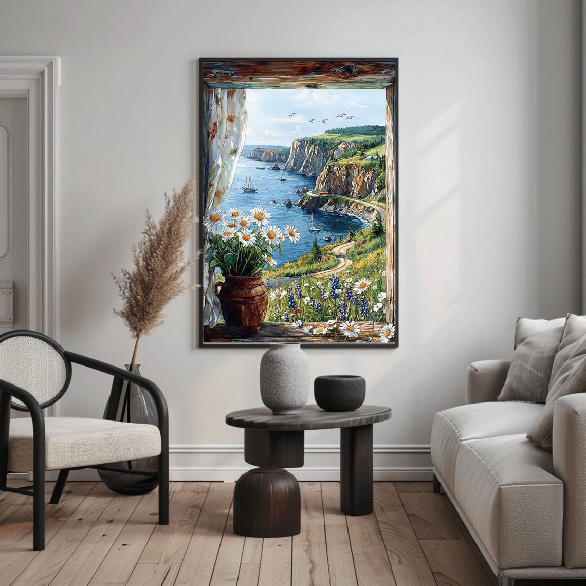 Open Window Watercolor Poster of Coastal Cliffs Sailboats and Daisies