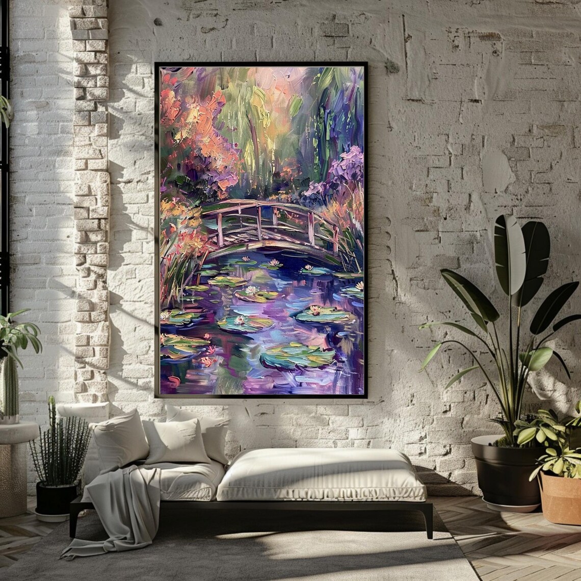 Monet Style Bridge Over Water Lily Pond Impressionist Garden Painting Poster