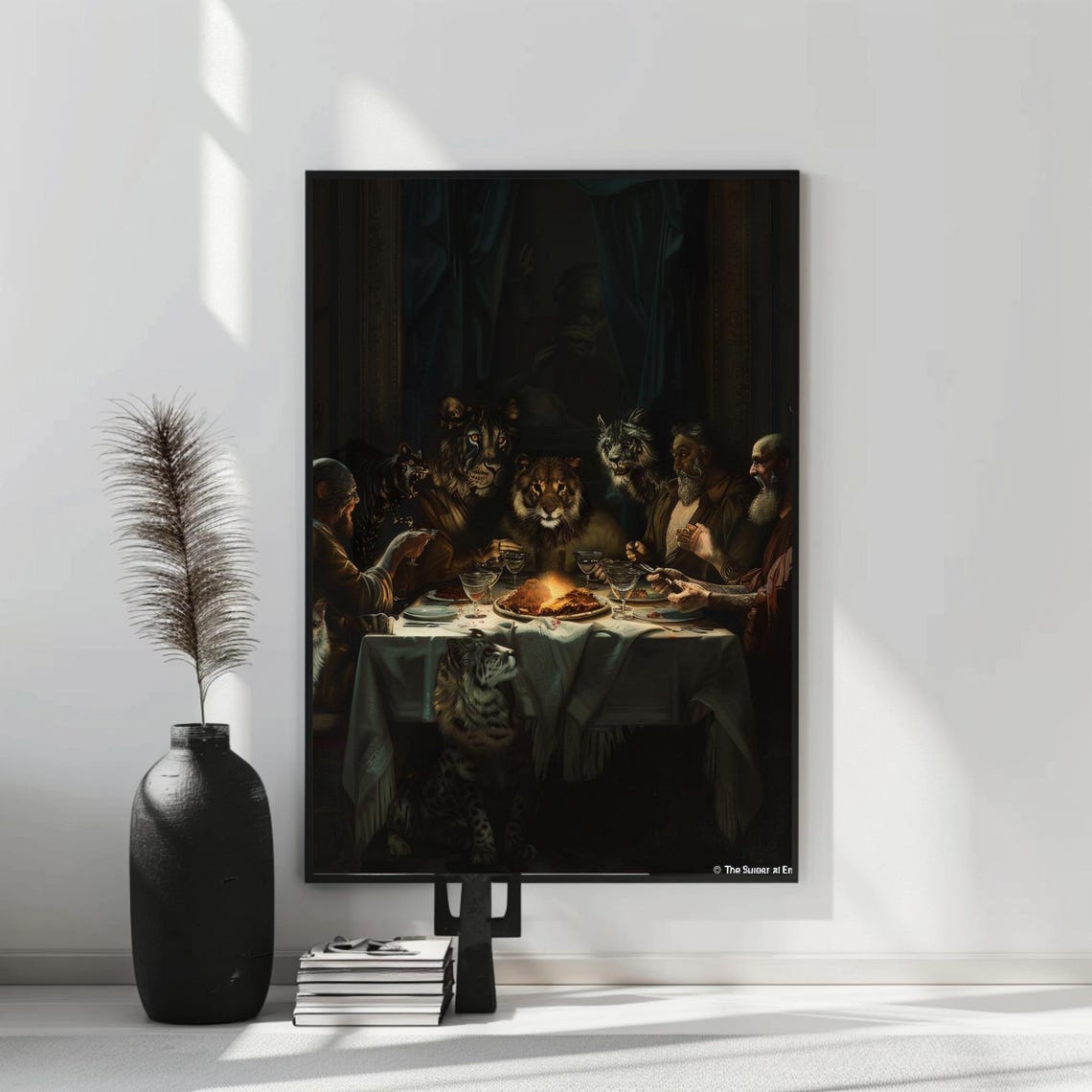 Surreal Dark Supper Scene Lion Men Dining Dramatic Animal Art Poster