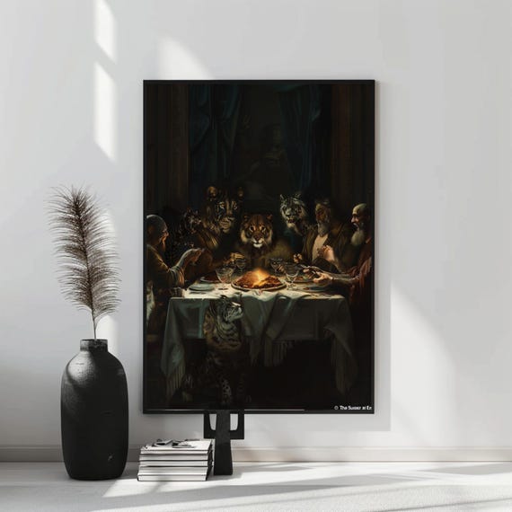 Animal Illustration Artful Poster Surreal Dark Art Print Men And Animals Shared Meal Mystical Scene Nature Theme Matte Wall Decor