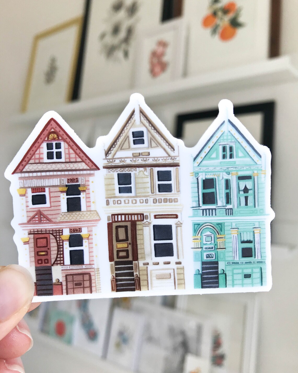 Victorian Painted Row Houses Sticker Style Architecture Art Print