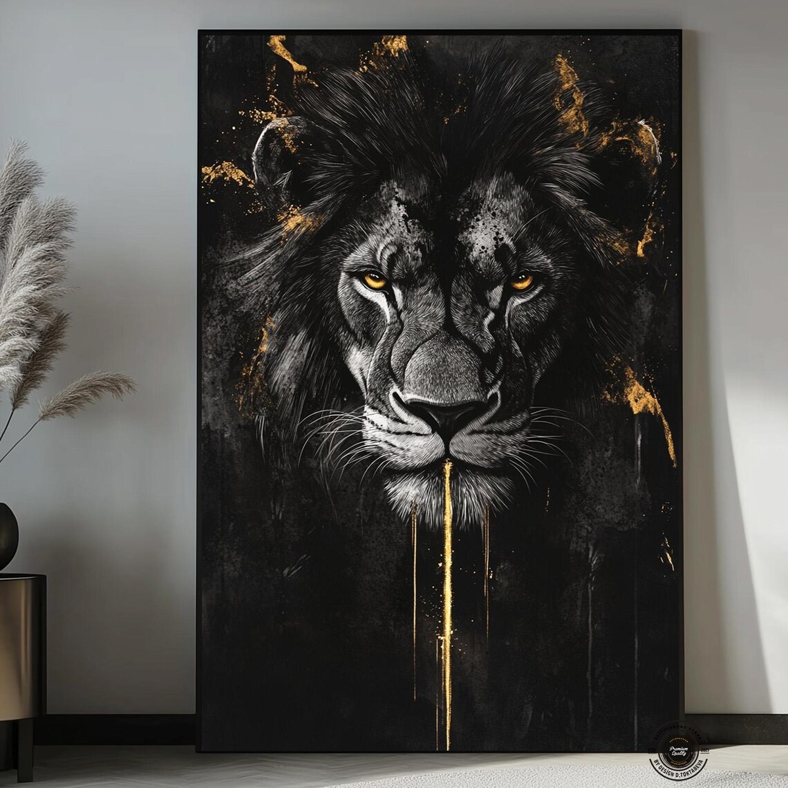 Black Lion Portrait with Golden Eyes and Gold Splatter Accents Poster