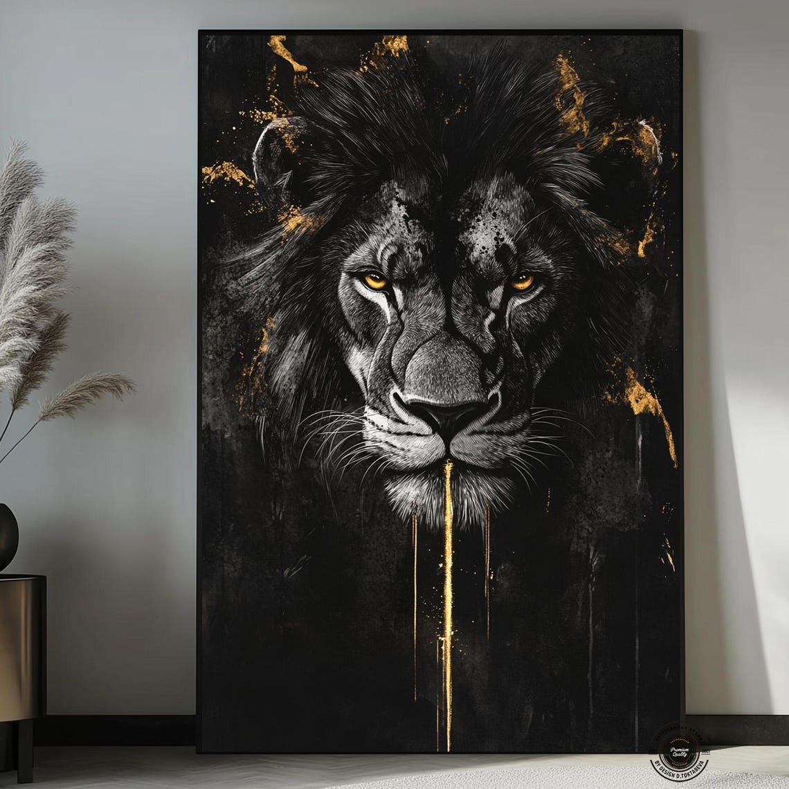Lion Abstract Art Framed Canvas Black And Gold Majestic Wall Print Painting