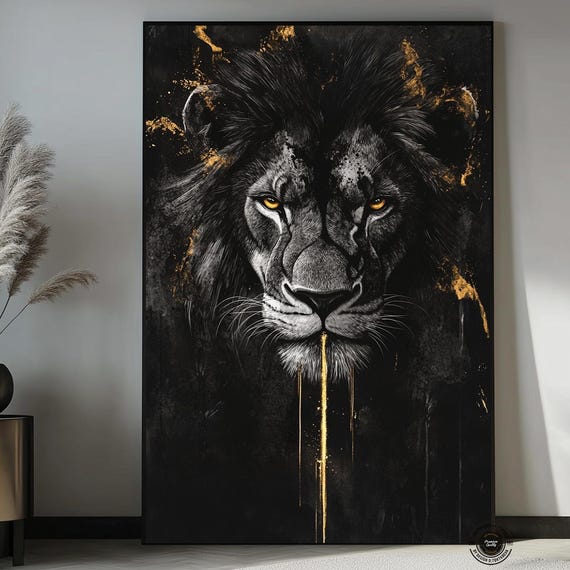 Lion Abstract Art Framed Canvas Black And Gold Majestic Wall Print Painting