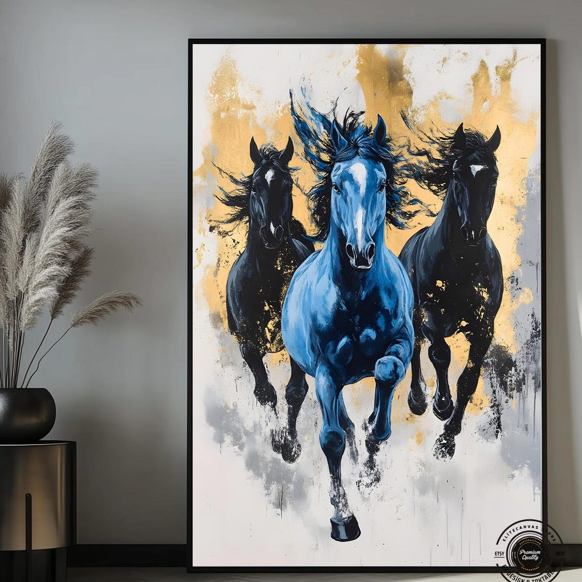 Three Galloping Horses in Blue Black and Gold Abstract Art Poster