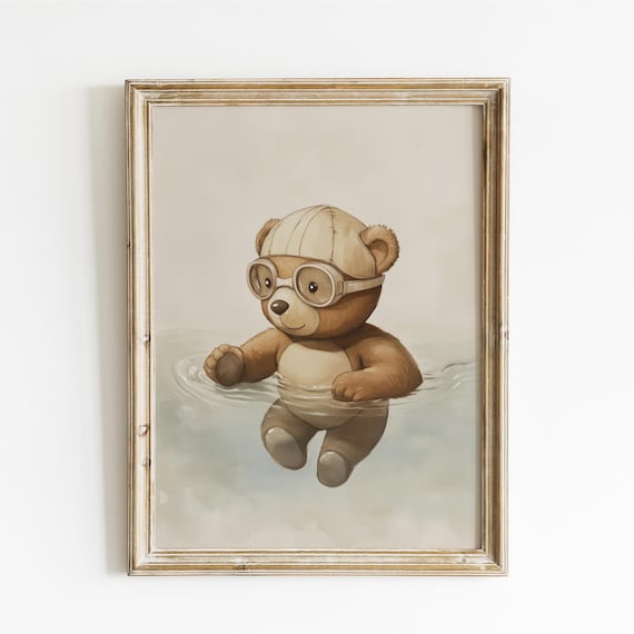 Teddy Bear Swimming with Goggles and a Swim Cap in Water Poster