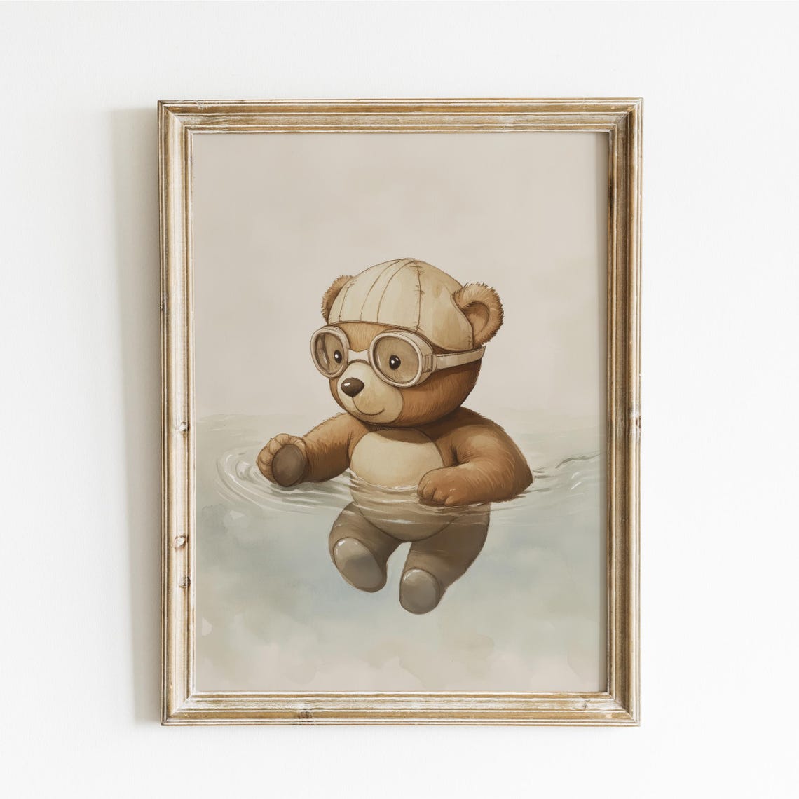 Teddy Bear Swimming with Goggles and a Swim Cap in Water Poster
