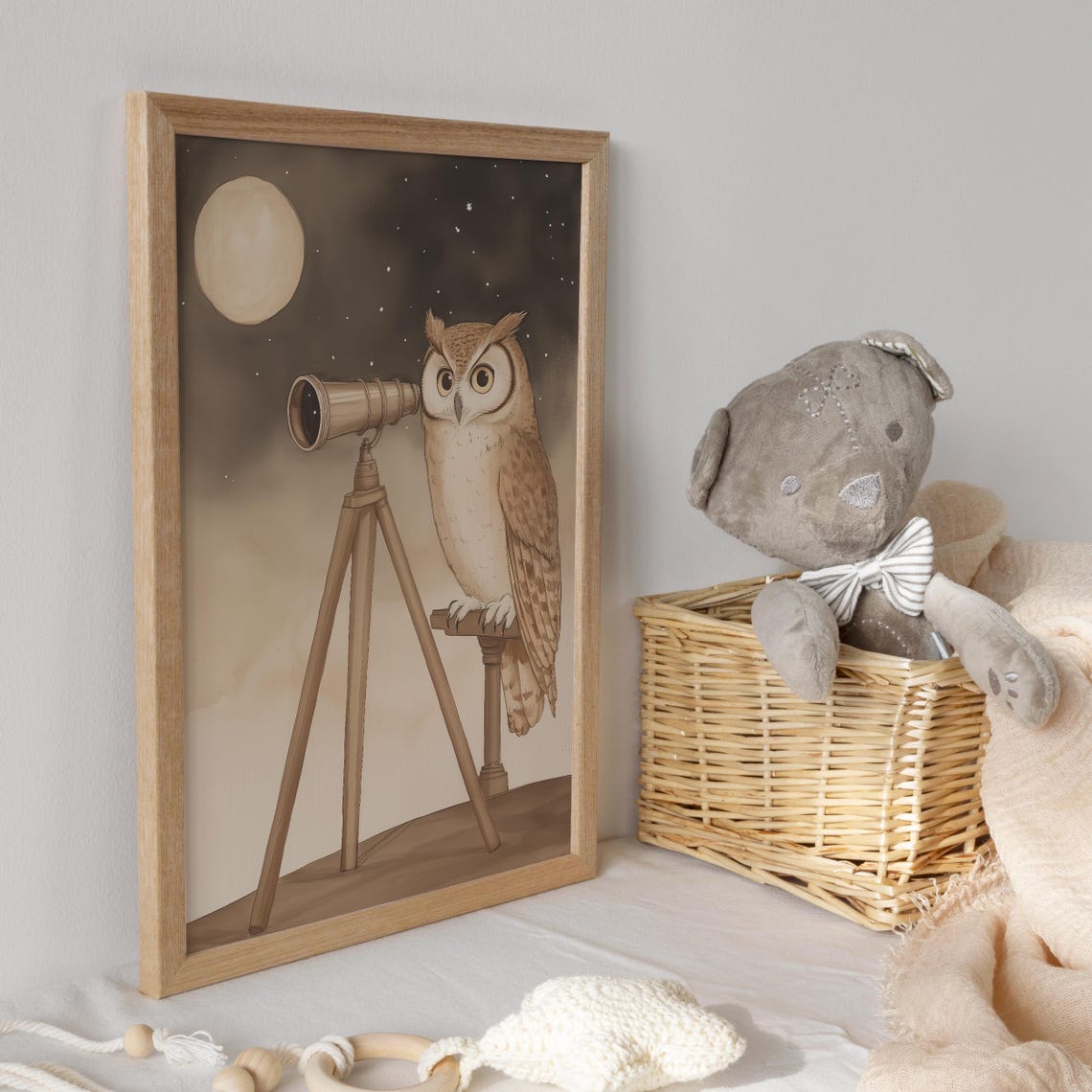 Owl Astronomer with Telescope Under Moonlit Starry Sky Poster - Image 3