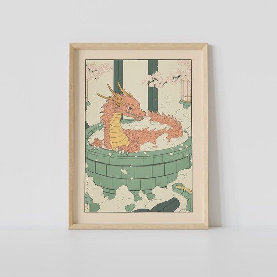 Red Dragon In A Bathtub Print Japanese Bathroom Wall Art Japandi Relaxing Poster Decor
