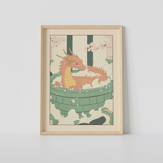 Red Dragon Relaxing In Onsen Bath With Cherry Blossoms Art Print