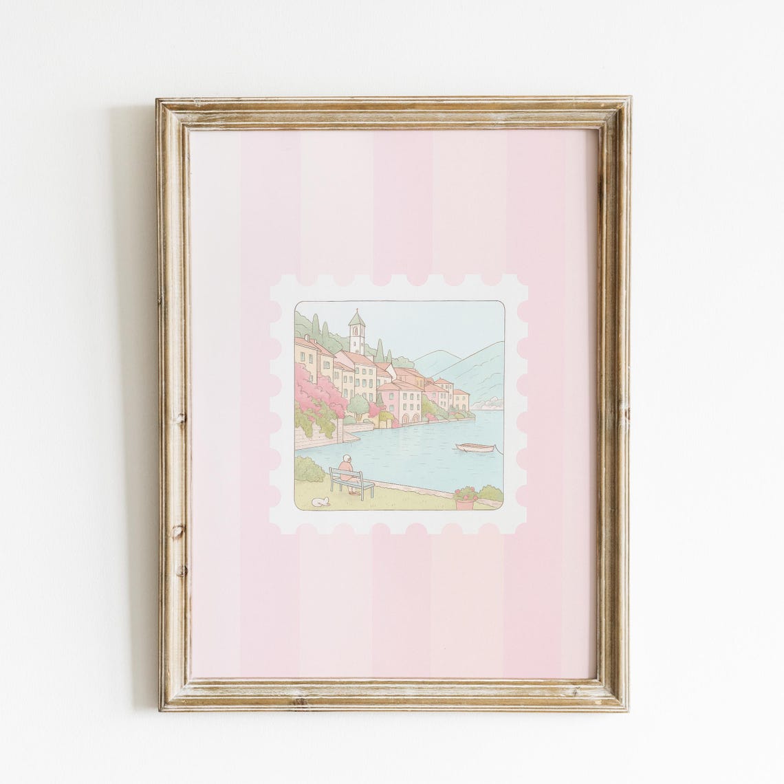 Lake Como Italy Lakeside Village Pink Postage Stamp Art Print