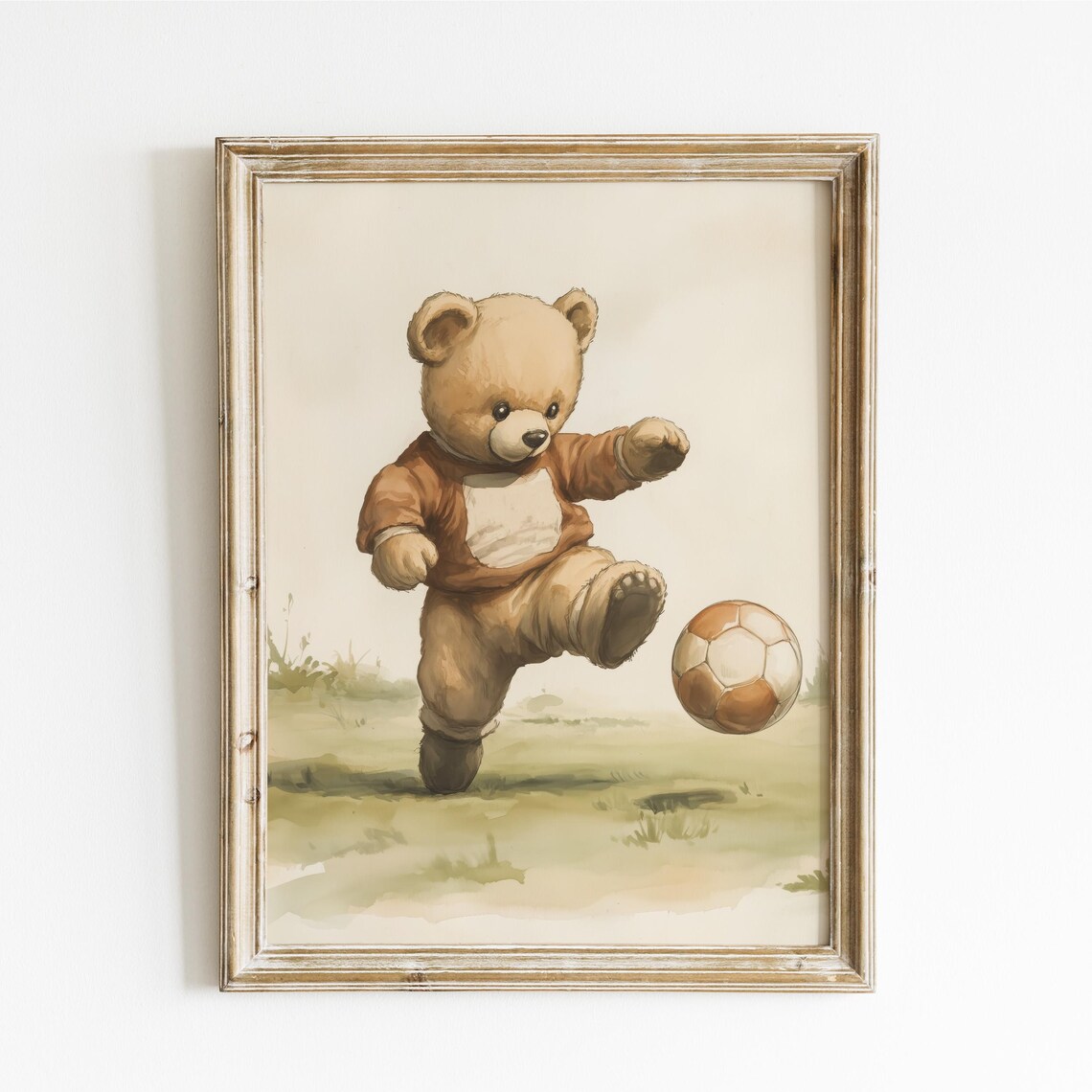 Teddy Bear Playing Soccer, Nursery Wall Art Print