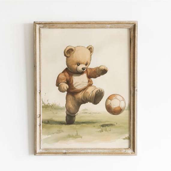 Teddy Bear Playing Soccer, Nursery Wall Art Print