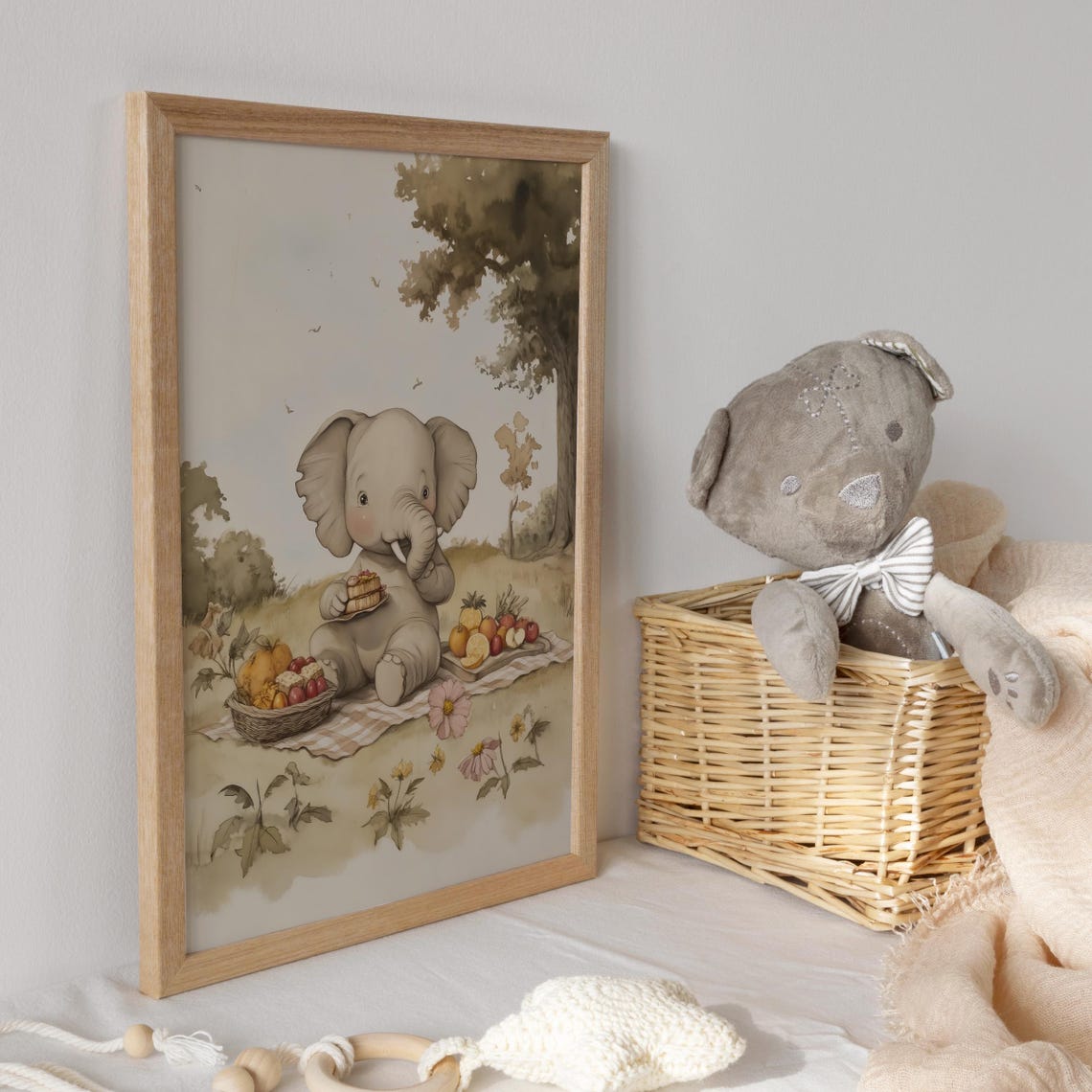 Baby Elephant Picnic Under Tree With Fruit Basket and Flowers Poster - Image 3